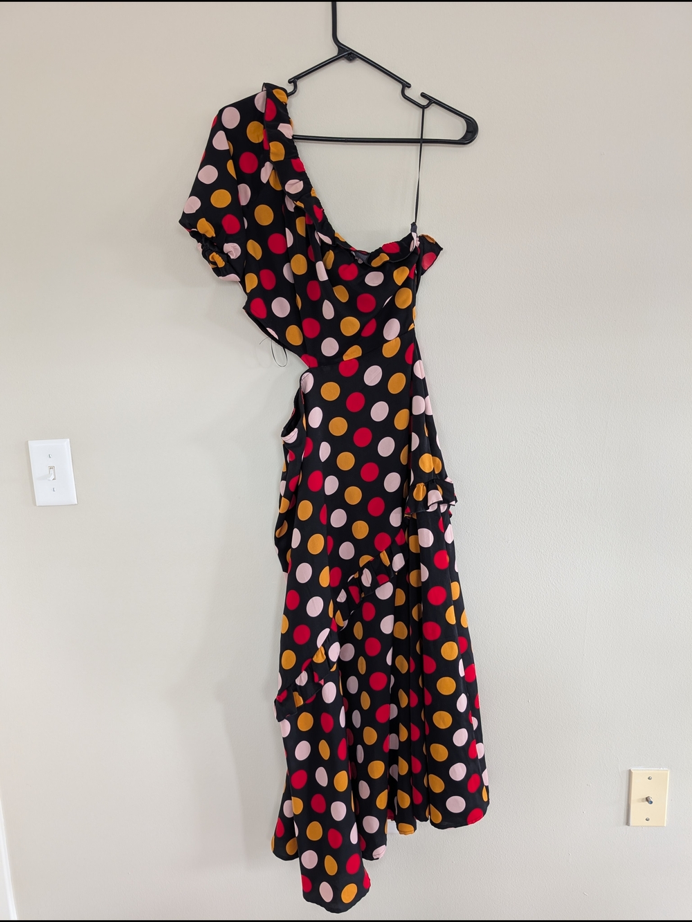 Sam Edelman Retro Style One-Shoulder Black Polka Dot Midi Dress Size 6
